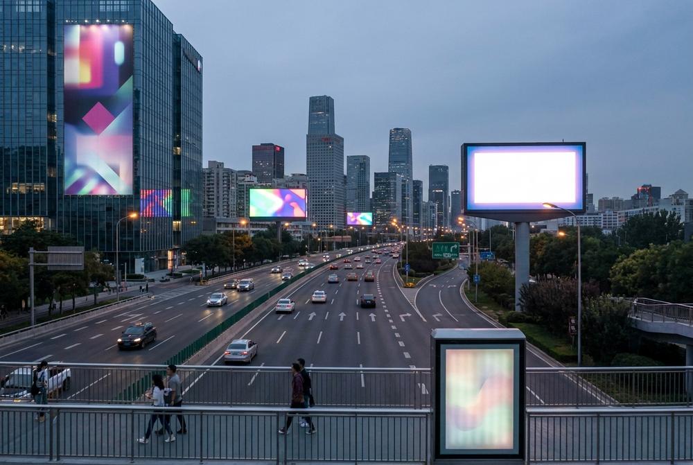 Reklama zewnętrzna na billboardzie przy ruchliwej drodze, duża ekspozycja z widocznym nośnikiem OOH